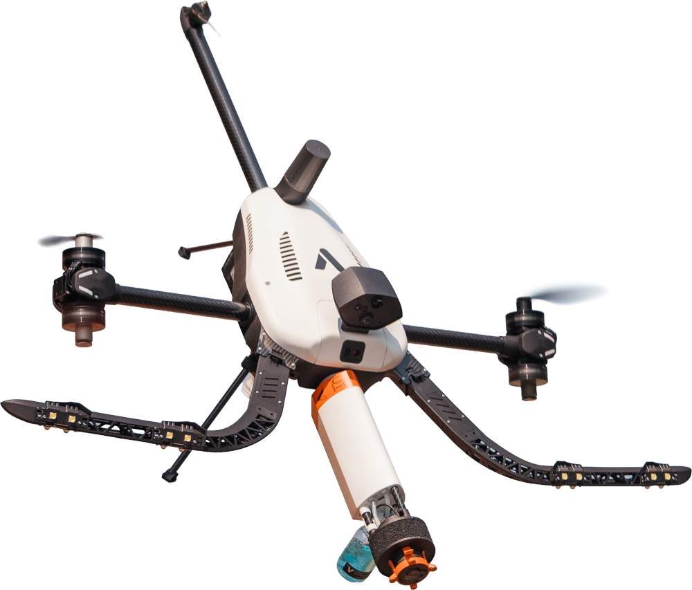 Voliro T contact inspection drone in flight with a sensor payload extended below